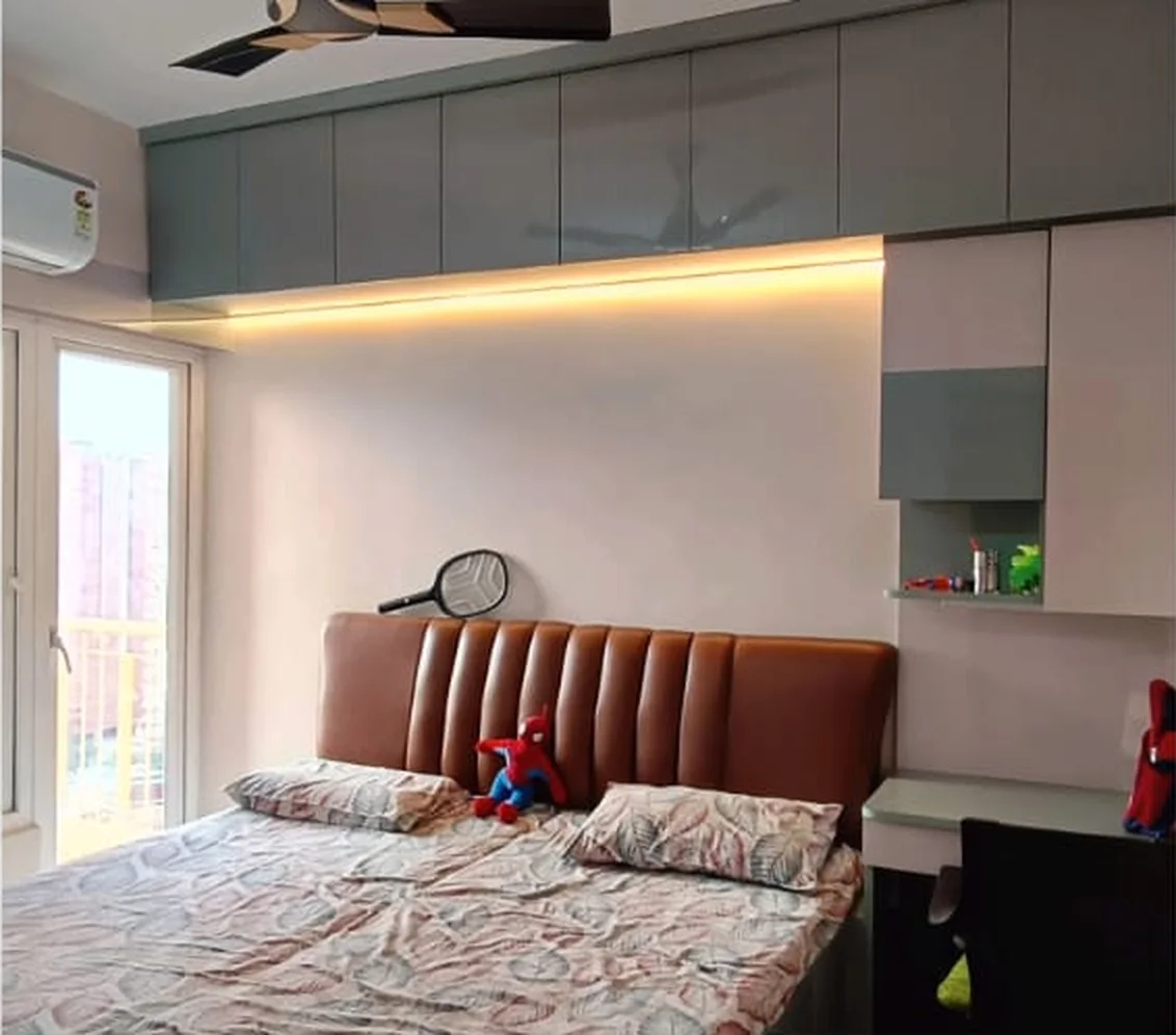 Bedroom with overhead storage and cove lighting — ORGANIC INDIA Jaipur