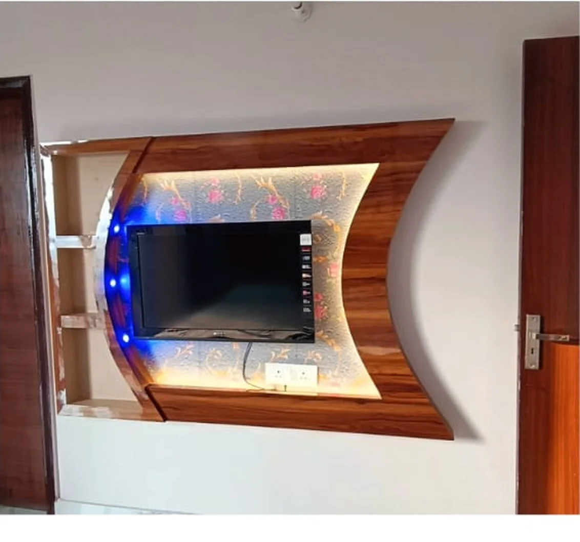 Custom wooden TV unit with backlit feature panel — ORGANIC INDIA Jaipur