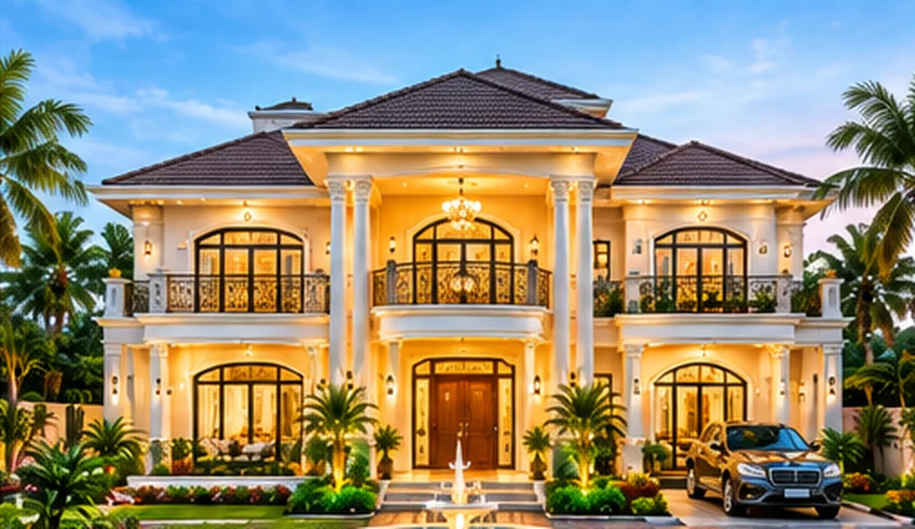 Luxury villa design concept with classic columns and evening lighting — ORGANIC INDIA Jaipur