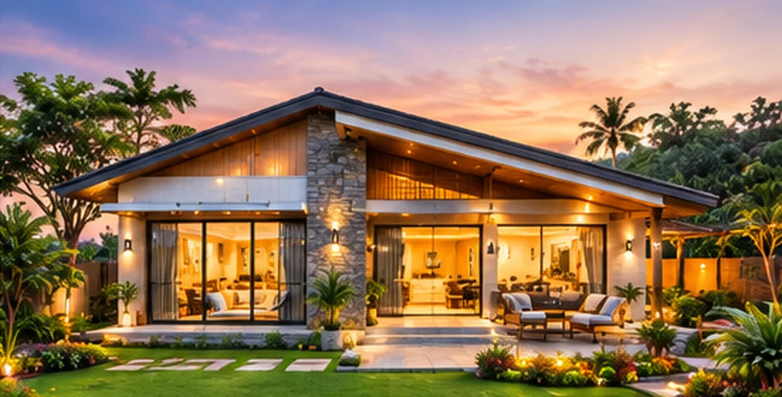 Farmhouse villa design concept at sunset — ORGANIC INDIA Jaipur