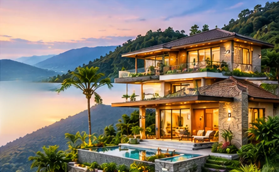 Hill-view villa concept with terraces and pool — ORGANIC INDIA Jaipur