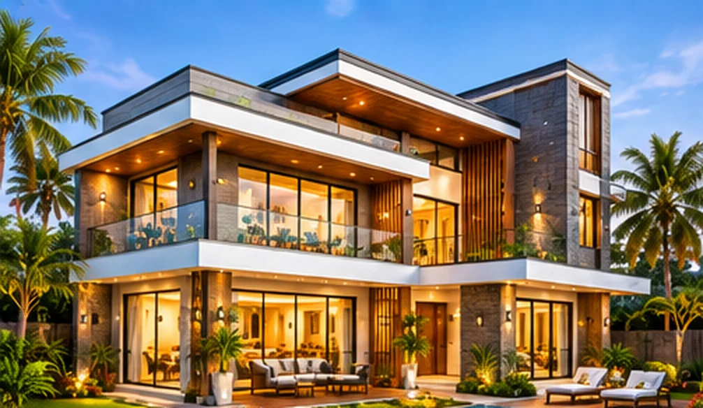 Modern luxury villa design with warm lighting and pool — ORGANIC INDIA design concept, Jaipur